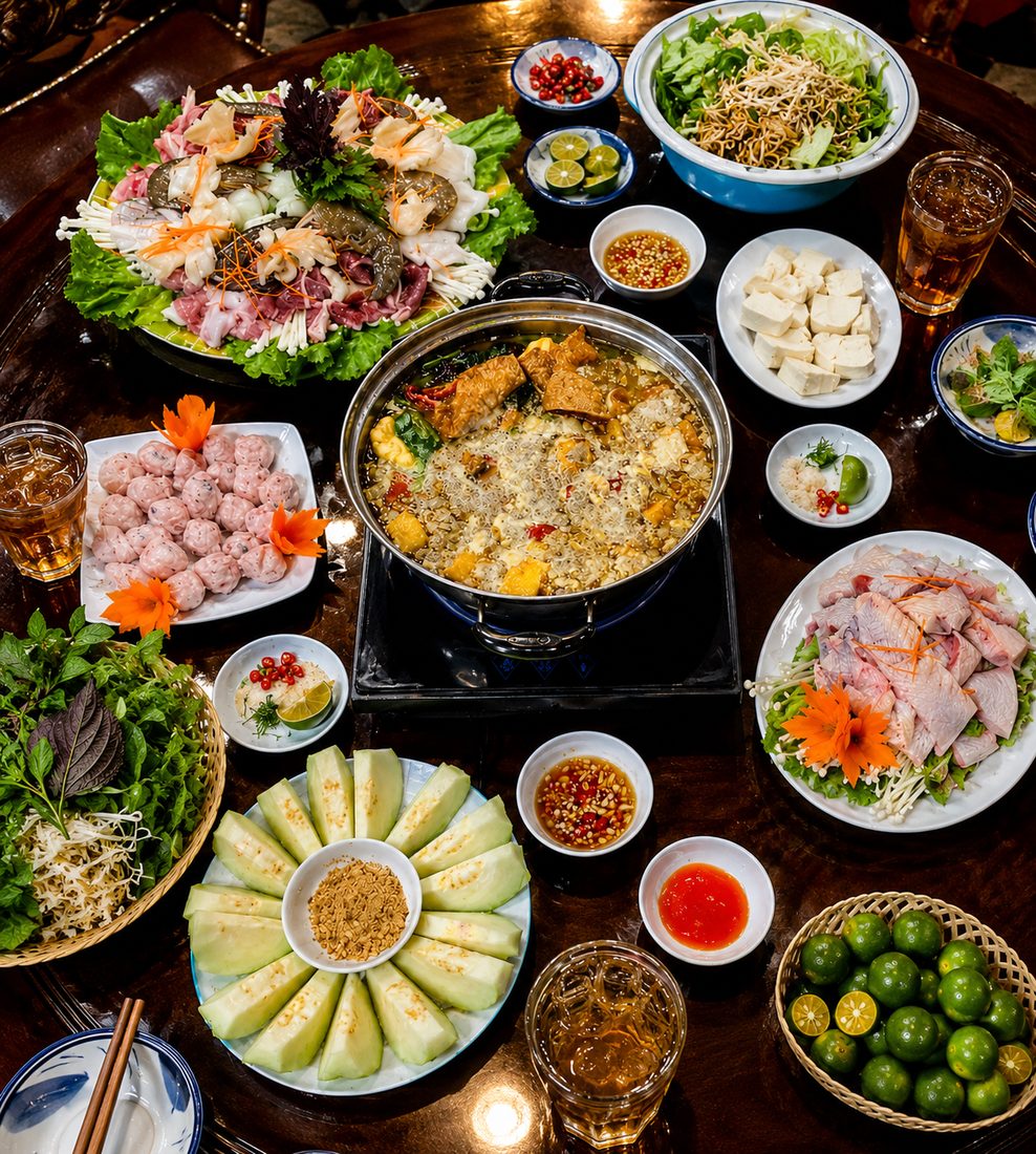 Mâm nhúng lẩu thập cẩm tại Ven Sông Quán