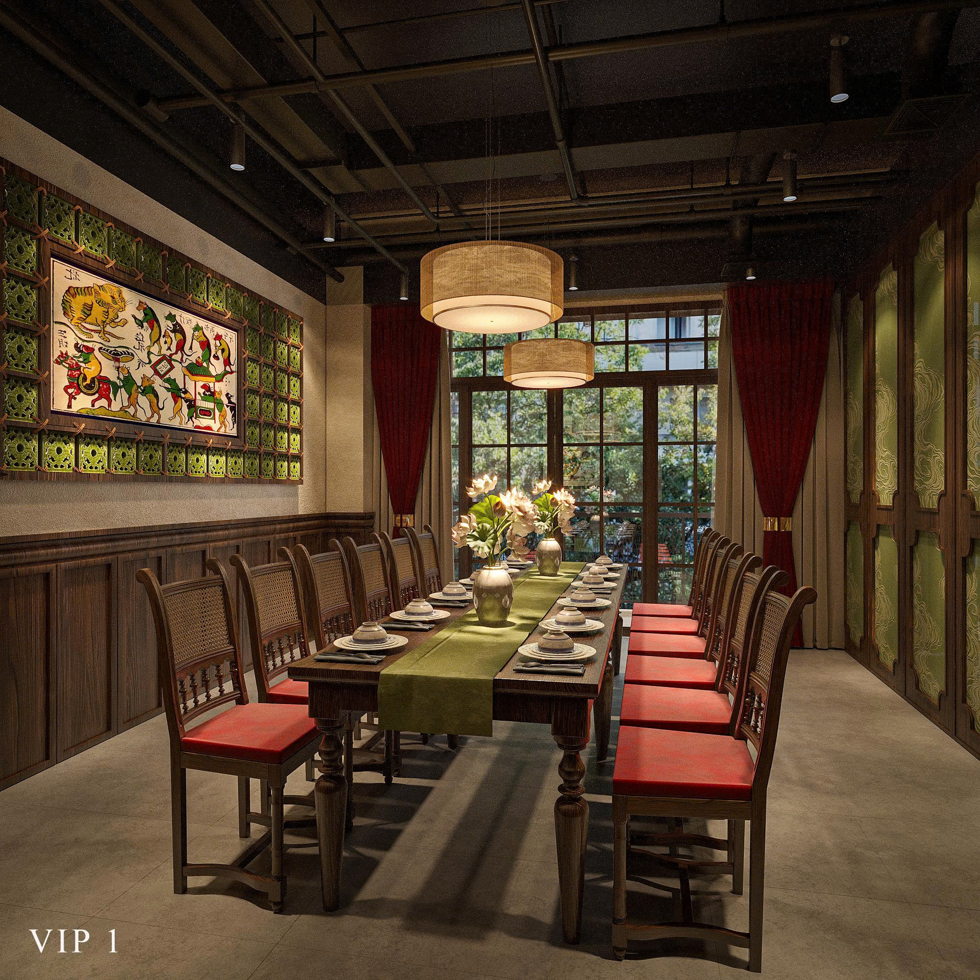 Phòng VIP 1 - Nhà Hàng Ven Sông Quán Ninh Bình với tranh dân gian Đông Hồ
